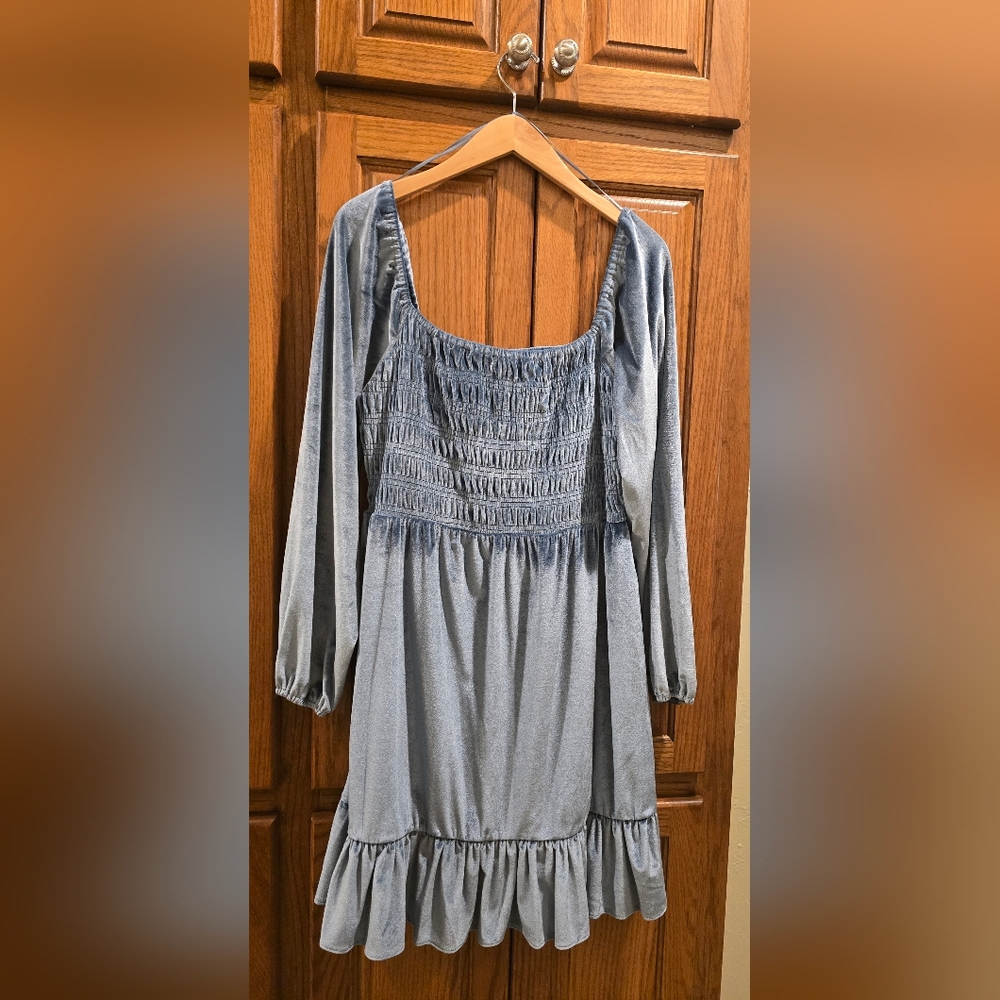 LC Lauren Conrad Velvet Blue Smocked Dress